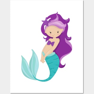 Cute Mermaid, Little Mermaid, Purple Hair, Star Posters and Art